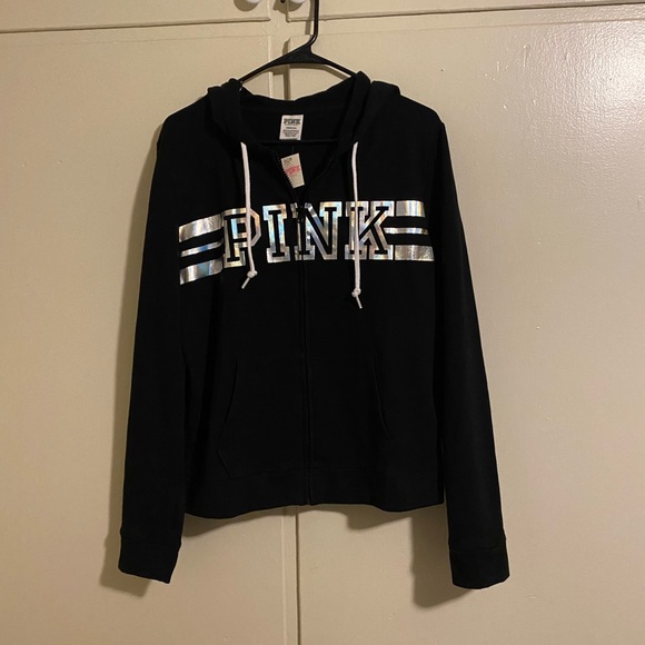 New PINK Brand zippered hoodie with pockets.Black w/silver lettering. Large - Picture 1 of 8